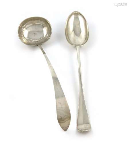 A Dutch silver basting spoon, possibly Amsterdam 1792, Hanoverian pattern, length 37.5cm, plus a