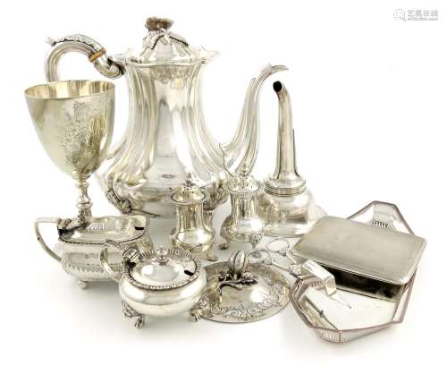 λA mixed lot, comprising silver items: a cigarette case, a lid, a Victorian mustard pot, another