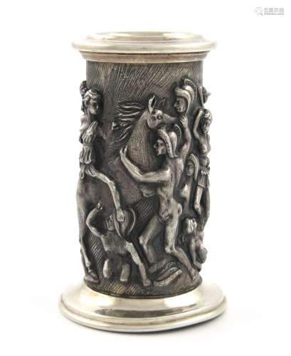 A modern Spanish silver candlestick, cylindrical form, embossed with classical warriors and