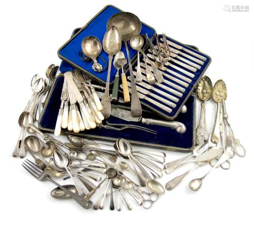 λA mixed lot of silver flatware, comprising: a soup ladle, London 1803, a basting spoon, by Eley and