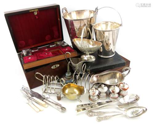 A large quantity of electroplated items, comprising: a champagne bucket, an ice pail, a wine funnel,