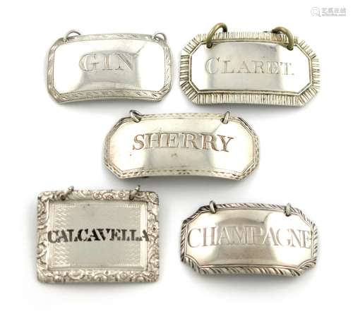 A collection of five antique silver wine labels, various dates and makers, broad rectangular form,