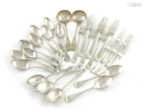 A mixed lot of silver Old English pattern flatware, various dates and makers, comprising: a set of