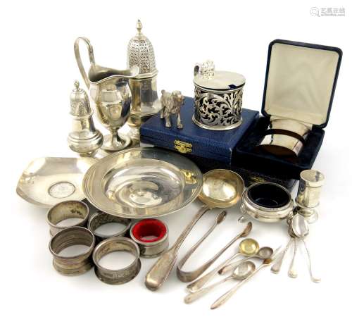 A mixed lot of silver items, comprising: a Victorian mustard pot, London 1857, circular form,