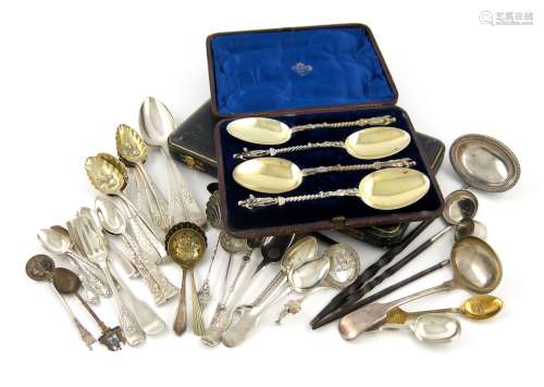 λA mixed lot of silver flatware, various dates and makers, comprising: six dessert spoons with later