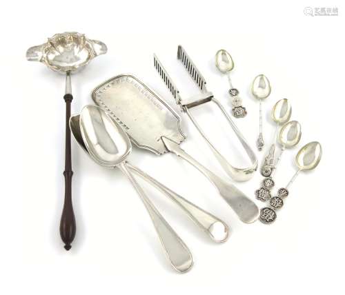 A mixed lot of silver flatware, various dates and makers, comprising: a George III punch ladle,