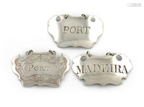 A small collection of three provincial silver wine labels, comprising a mid-18th century one by John