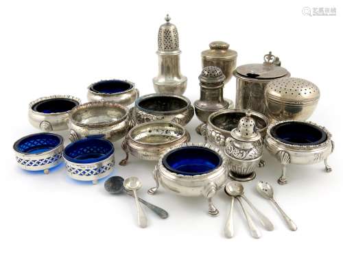 A mixed lot of silver condiments, comprising: a Victorian mustard pot, by John Keith, London 1859,