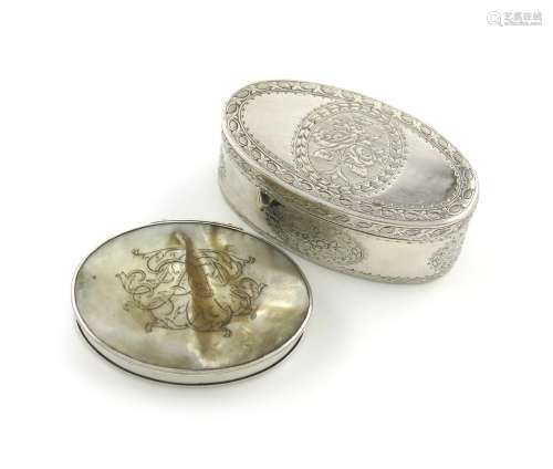 A late 18th century silver snuff box, unmarked, probably continental, oval form, engraved with