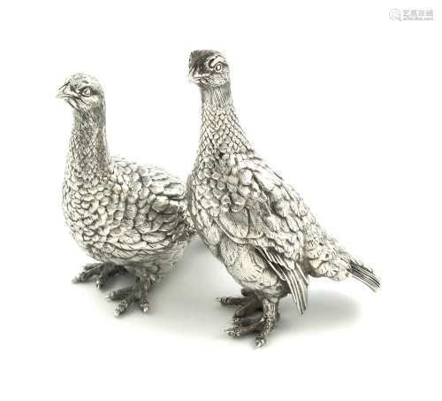 By Patrick Mavros: a pair of Zimbabwean silver animal sculptures of grouse, marked PV and with the