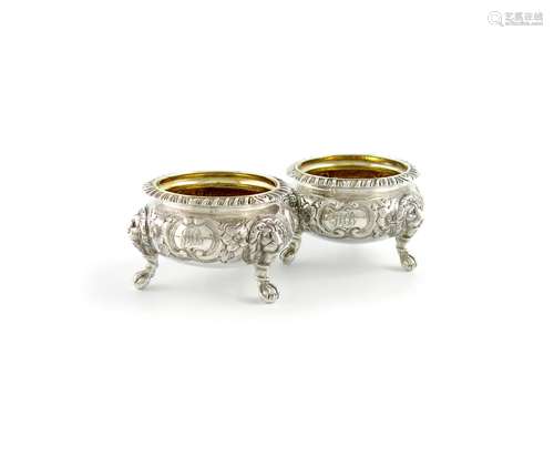 A pair of Victorian silver salt cellars, by Robert Harper, London 1866, heavy cauldron form, gadroon