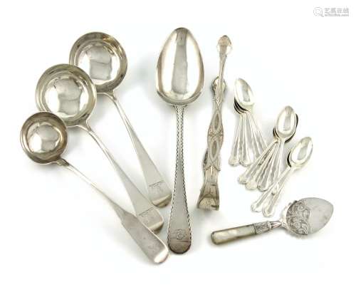 A mixed lot of silver flatware, comprising: a Scottish provincial Fiddle pattern toddy ladle, by