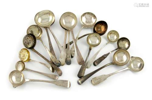 A collection of silver sifting spoons and ladles, comprising: a pair of provincial sauce ladles,