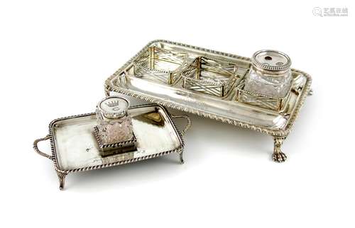 A George III silver inkstand, by Messrs. Aldridge, London 1761, rectangular form, gadroon border,