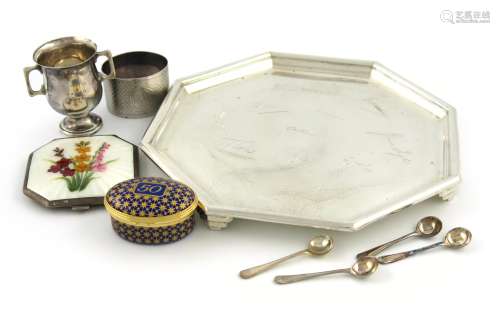 A mixed lot, comprising silver items: a presentation waiter of octagonal form, inscribed, Birmingham