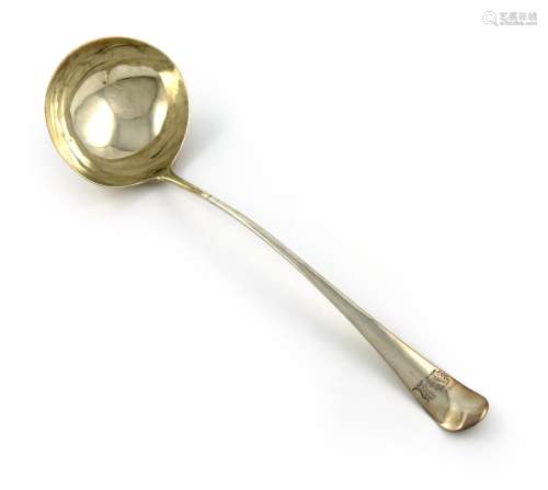 A George III silver Old English pattern soup ladle, maker's mark partially worn, London 1761, the