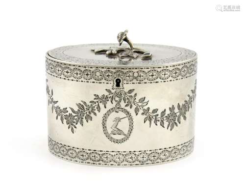 A George III silver tea caddy, by John Carter, London 1776, oval form, engraved with a foliate