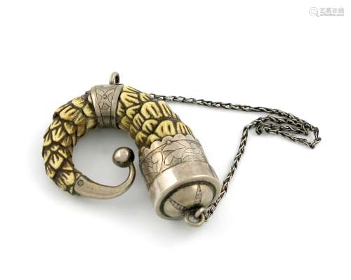 A 19th century silver-mounted carved horn/bone snuff/powder flask, unmarked, possibly Chinese, the
