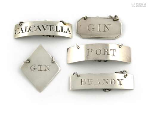 A small collection of five antique Scottish silver wine labels, comprising: four provincial ones