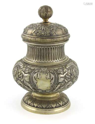 A continental silver-gilt pot and cover, apparently unmarked, possibly Russian, circular bellied