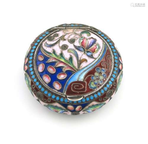 A Russian silver and enamel box, Moscow 1927-1958, circular form, with vari-coloured foliate