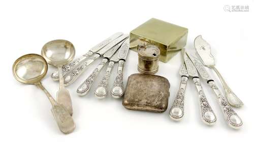 A mixed lot, comprising silver items: a set of eight Victorian Venetian pattern fruit knives,