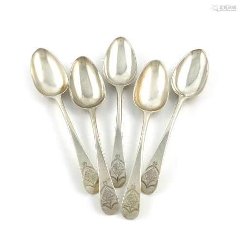 A set of five George III silver Old English pattern tablespoons, by Summers and Crossley, London