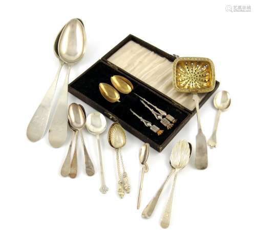 A mixed lot of silver flatware, various dates and makers, comprising: three 18th century picture-