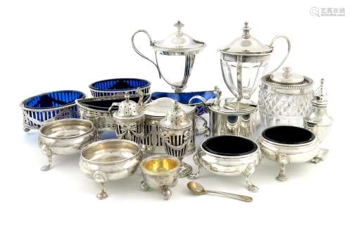 A mixed lot of condiments, comprising silver items: a pair of George II salt cellars, by David