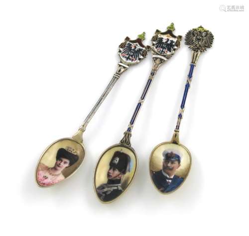 Three German silver and enamelled commemorative spoons, one bowl enamelled with a portrait of Keiser