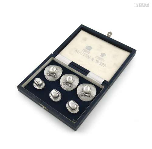 A set of six modern novelty silver menu card holders, by Mappin and Webb, Sheffield 1993, three