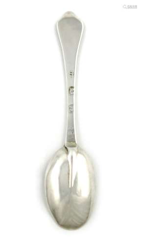 A Queen Anne silver Dog-nose teaspoon, by maker's mark worn, London 1702, the oval bowl with a plain