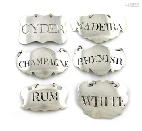 A collection of six 18th and 19th century silver wine labels, unmarked, plain cartouche and shaped