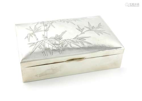 A Chinese silver cigarette box, by Tackhing, Hong Kong, rectangular form, the hinged cover