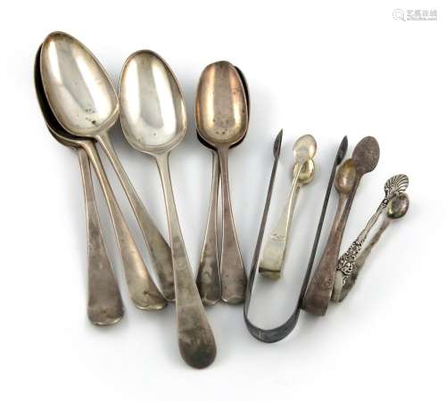 A mixed lot of silver flatware, various dates and makers, comprising: four tablespoons, two