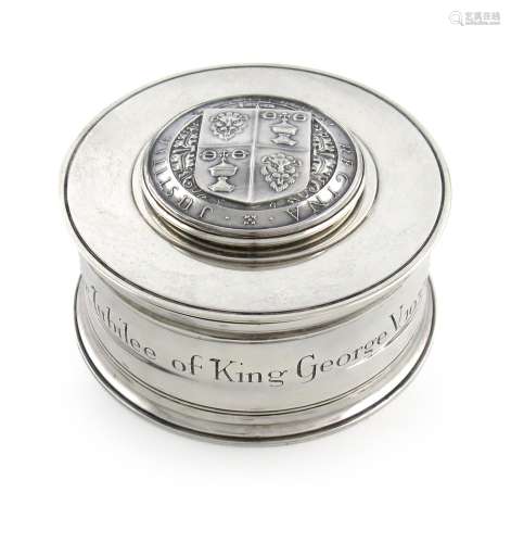 By Sebastian Garrard, a commemorative silver inkwell, retailed by Garrard and Co, London 1935,