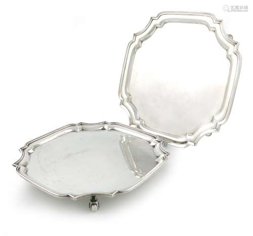 A silver salver, by S W Smith & Co, London 1929, shaped square form, moulded border, on four hoof