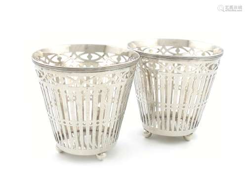 A pair of Dutch silver vases, 1911, tapering circular form, pierced with vertical slats, on three
