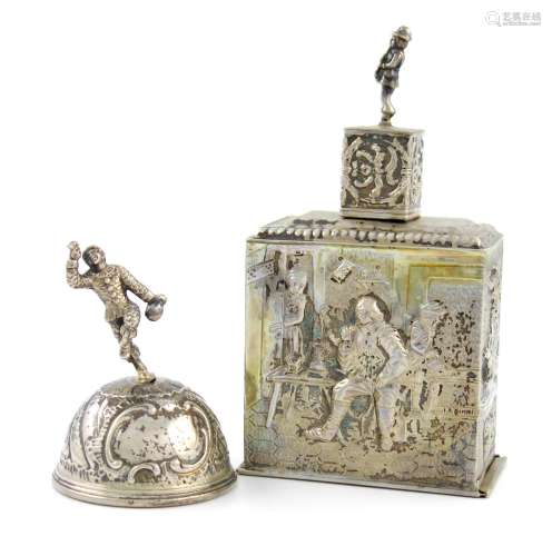 A Dutch silver tea caddy, 1905, rectangular form, embossed with tavern scenes, pull-off cover with a