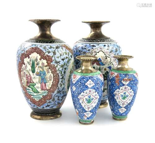 Two pairs of Persian metalware and enamel vases, baluster form, the larger pair with figures