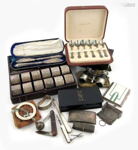 A mixed lot, comprising silver items: an Art Deco silver and enamel cigarette case, Birmingham 1936,