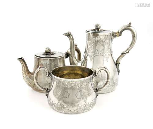 λA Victorian silver coffee pot, teapot and sugar bowl, by William Moulson, London 1851-2, tapering