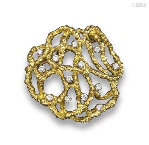 A diamond-set abstract brooch by Andrew Grima, the textured stylised vermicelli yellow gold brooch