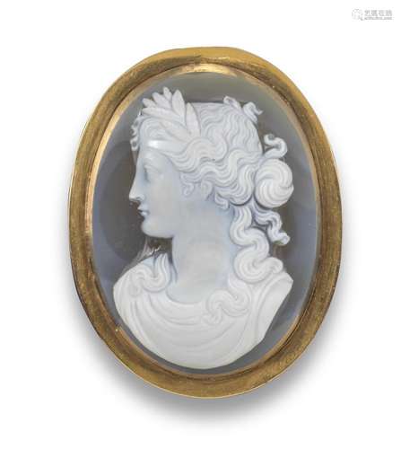 A 19th century carved hardstone cameo brooch, depicting the profile of a woman wearing a laurel