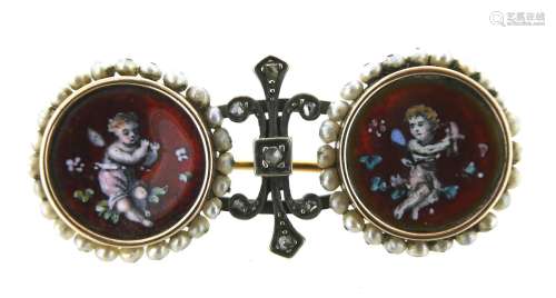 A 19th century gold brooch mounted with two circular limoge enamel plaques, depicting putti and