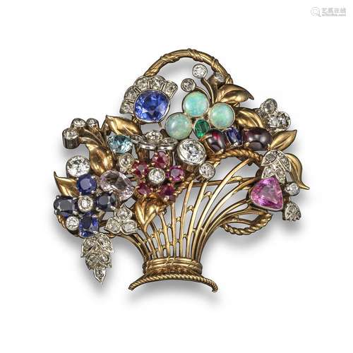 A gem-set gold giardinetto brooch, the flowers set with assorted diamonds, sapphires, rubies, opals,