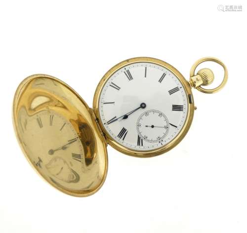 An 18ct gold hunting-cased stem-wind pocket watch, the white enamel dial with black Roman numerals