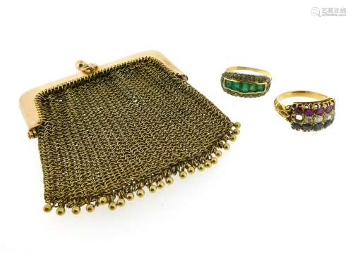 Various items of jewellery, including a 9ct gold mesh purse, 33g, a gold ring set with three lines