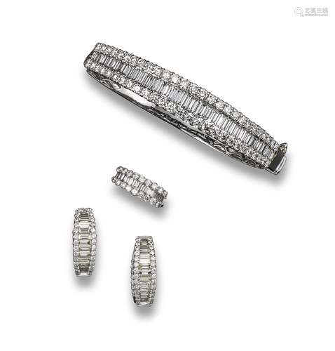 A suite of diamond-set jewellery, the bangle set with a central band of baguette-shaped diamonds