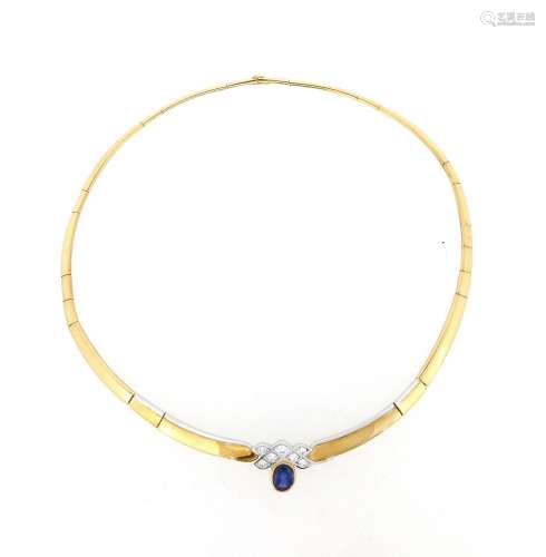 A sapphire and diamond collar necklace, the plain white and yellow gold collar set with an oval-